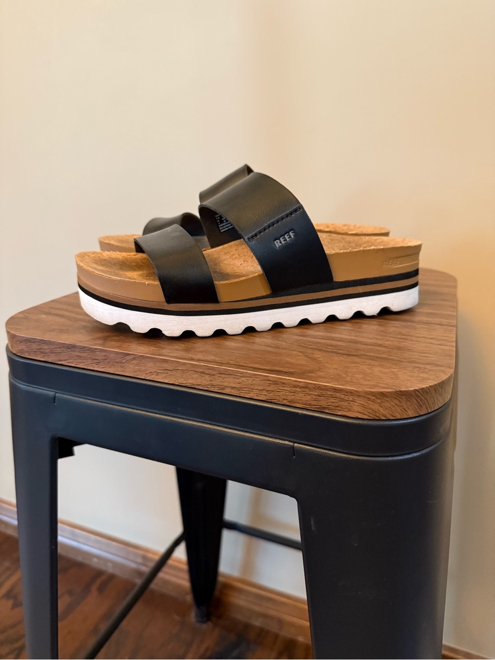 Reef Black Triple-Strap Cork Platform Slide Sandals